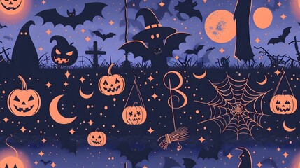 Wall Mural - Halloween Night Witch and Her Spooky Accessories Under the Full Moon