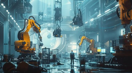 Wall Mural - In the future, engineers and animal robots work together in heavy industrial plants to digitize data to form a digital twin.