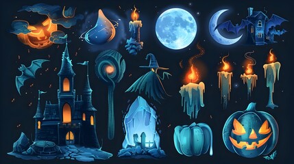 Canvas Print - Halloween Night Witchs Moonlit Castle with Flying Bat and Jack O Lanterns