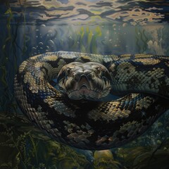 Sticker - Realistic painting of a snake in water, suitable for nature themes