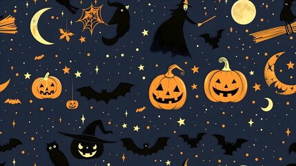 Wall Mural - Halloweens Magical Aura A Witch on Her Broomstick with a Bat Jack O Lanterns and a Haunting Moon