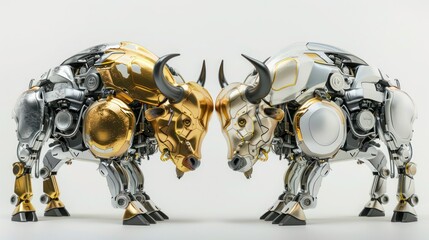 Wall Mural - Golden and silver buffalo robot on white