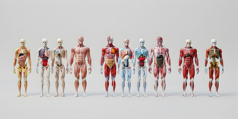 Wall Mural - Various human body systems and organs on a white background human body with skeletal muscle and nerves anatomy and physiology 3d illustration