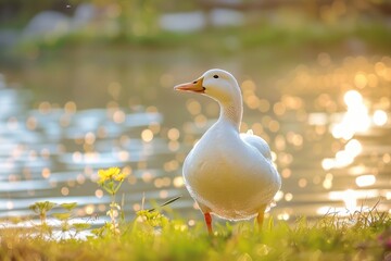 Canvas Print - A white duck standing by a body of water. Suitable for nature-themed designs