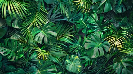 Wall Mural - Bold tropical pattern background with lush greenery and exotic motifs, reminiscent of a tropical paradise.