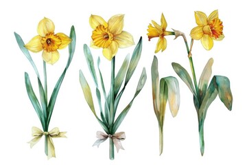 Wall Mural - Four delicate watercolor daffodils on a clean white background, perfect for spring-themed designs