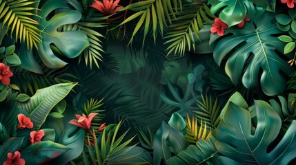 Wall Mural - Bold tropical pattern background with lush greenery and exotic motifs, reminiscent of a tropical paradise.