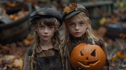 Wall Mural - Mischievous Halloween Revelry Costumed Children Running DoortoDoor Seeking Sugary Treats