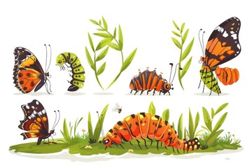 Poster - Colorful butterflies and caterpillars in green grass. Suitable for nature and wildlife themes