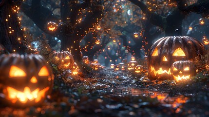 Wall Mural - TrickorTreating in an Enchanted Forest Glowing with the Magic of JackoLanterns