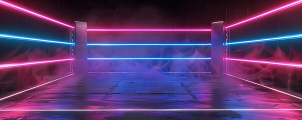 Wall Mural - 3d rendered boxing ring, neon pink and blue glowing lines, black background, virtual sport game styl