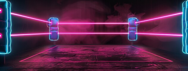 Wall Mural - 3d rendered boxing ring, neon pink and blue glowing lines, black background, virtual sport game styl