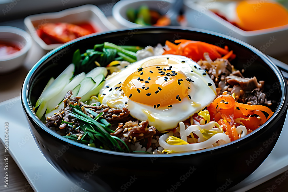 Traditional Korean dish bibimbap with fried agg, beef and vegetables ...