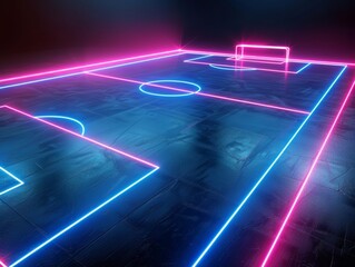 Wall Mural - 3d rendered football pitch with neon pink and blue lines, black background, futuristic virtual game 