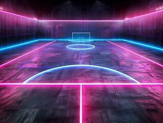 Wall Mural - 3d rendered football pitch with neon pink and blue lines, black background, futuristic virtual game 