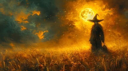 Wall Mural - Vigilant Protectors Scarecrows Safeguarding a Corn Field on All Hallows Eve