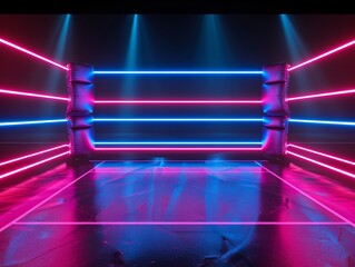 Wall Mural - futuristic boxing ring in 3d, neon pink and blue lines, black background, virtual sport game theme