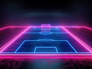 Wall Mural - futuristic football pitch in 3d, neon pink and blue lines, black background, virtual sport game them