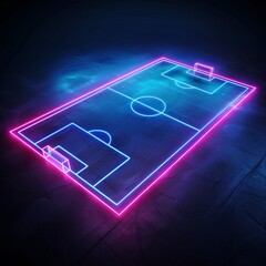 Wall Mural - neon 3d football pitch, glowing pink and blue lines, dark background, virtual sportive game design