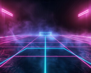 Wall Mural - virtual sportive game scene, 3d football pitch with neon pink and blue lines, dark background