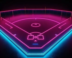 Wall Mural - virtual sportive game setup, 3d baseball field with neon pink and blue lines, dark background