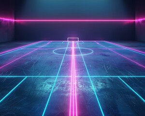Wall Mural - virtual sportive game scene, 3d football pitch with neon pink and blue lines, dark background