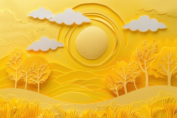 Sunny field landscape with trees and sun on yellow background for nature and travel concepts