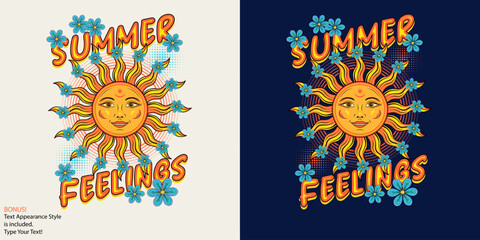 Wall Mural - Summer label with sun with smiling face, scattered chamomiles, text, editable font effect. For clothing, apparel, T-shirts decoration. Groovy, boho, hippie style, kids design