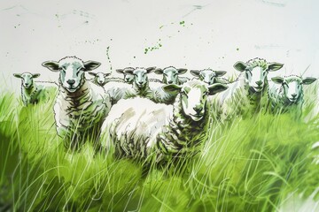 Canvas Print - A herd of sheep standing on a lush green field. Suitable for agriculture concepts