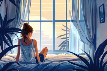 Wall Mural - A woman sitting on a bed in front of a window, suitable for home decor