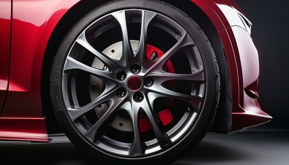 Wall Mural - Luxury Sports Car: Close-Up of Red Brake Caliper and Chrome Rim in Dark Studio Lighting