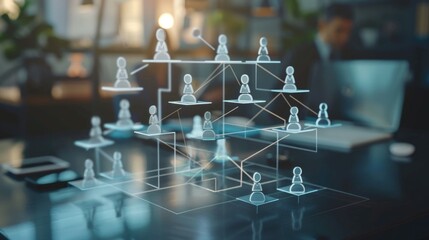 Group of people standing in a unique pyramid formation on a table. Suitable for team building concepts