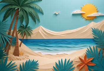 Paper art of a tropical beach. Aesthetic. Origami.  ocean, palm tree, sand ,sun. illustration. 