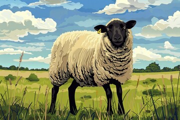 Sticker - Realistic painting of a sheep standing in a field. Suitable for nature-themed designs