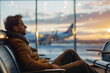 © big_and_serious - Young man sitting in the airport lounge zone, waiting for boarding, looking at the airplanes outside