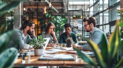 Wall Mural - A group of people gathered around a wooden table. Ideal for business meetings or casual gatherings