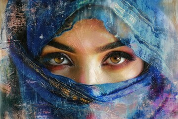 Poster - Close up of a woman's face wearing a blue scarf, suitable for fashion or beauty concepts