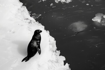 Canvas Print - A black and white photo of a seal in the snow, suitable for nature and wildlife themes