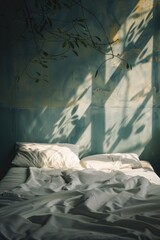 Wall Mural - A simple white bed with clean linens, perfect for home decor projects