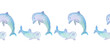 © Лилия Романюк - two dolphins with smile emotion horizontal border watercolor illustration isolated on white background base for textile design, stickers, cards, banners.