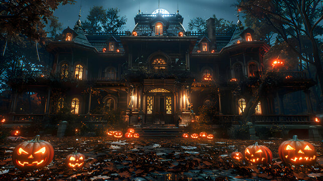 A haunted house surrounded by vampire decorations on Halloween night,