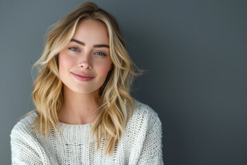 portrait of beautiful young blonde woman looking at camera over gray background.