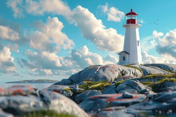 Wall Mural - A lighthouse perched on a rocky island. Suitable for travel brochures