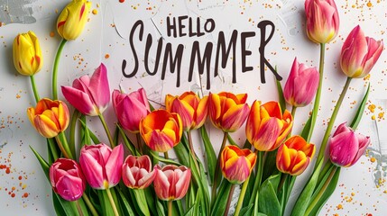 Colorful tulips with funny 'Hello Summmer' text on a light background. Summer season and floral design concept for greeting card, invitation, and postcard.