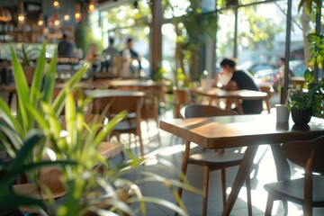 The blurred background of a modern coffee shop interior with tables and chairs.