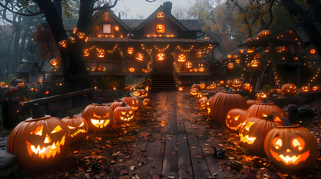 A spooky garden with Halloween jack-o'-lanterns of various sizes and shapes