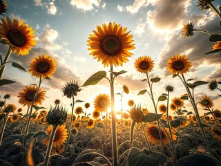 A field of sunflowers from a low angle with the sky in the background