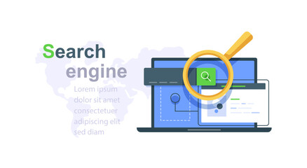 Concept of search engine with laptop computer search input stroke and magnifying glass on world map background flat vector illustration banner