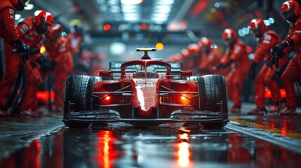 Race car pulls into pit lane on wet track, surrounded by focused pit crew in red suits. Team's swift and precise maintaining race performance.