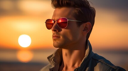 man with sunglasses staring away from the camera at sunset on the beach